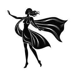 Silhouette of a Woman with Flying Scarf on White Background