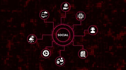 Social technology concept with icons representing various aspects of social media and online communication on a dark red background with digital pattern - Powered by Adobe