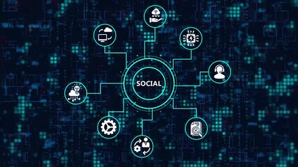 Social technology concept with icons representing various aspects of social media and online communication on a dark red background with digital pattern - Powered by Adobe