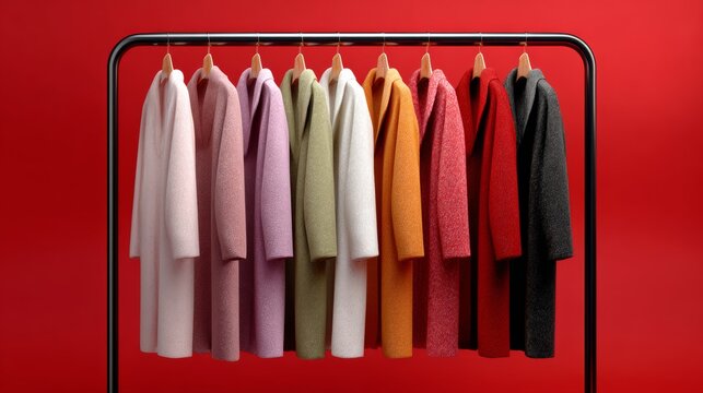 Rack of coats in various colors hangs on a red background. The coats are arranged in a row, with the first coat being white and the last coat being black