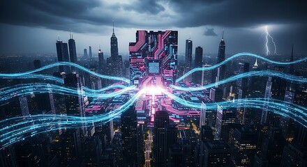 Futuristic cityscape with digital streams and a central structure, showcasing a technologically advanced urban environment under a dramatic sky