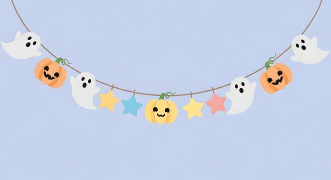 Halloween Garland with Ghosts and Pumpkins on Blue Background.