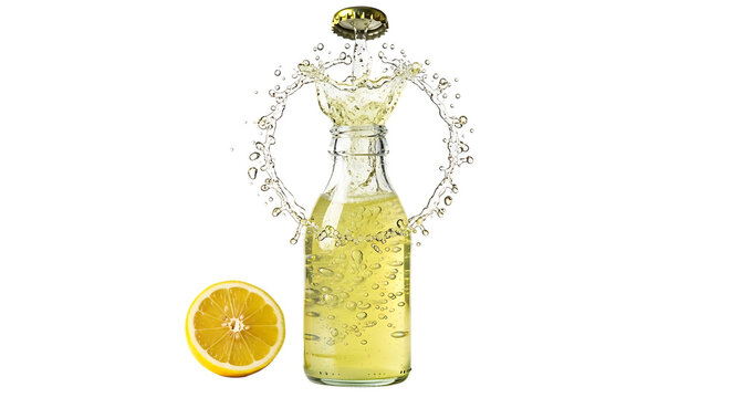 Refreshing lemonade bottle with a splash of citrusy goodness, accompanied by a juicy lemon slice, isolated on transparent background the vibrant yellow hue and sparkling liquid evoke a sense of summer