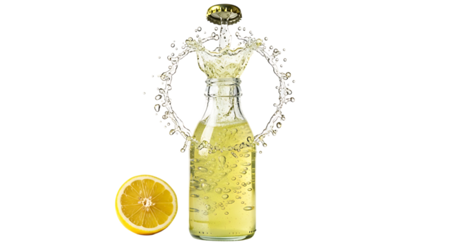 Refreshing lemonade bottle with a splash of citrusy goodness, accompanied by a juicy lemon slice, isolated on transparent background the vibrant yellow hue and sparkling liquid evoke a sense of summer