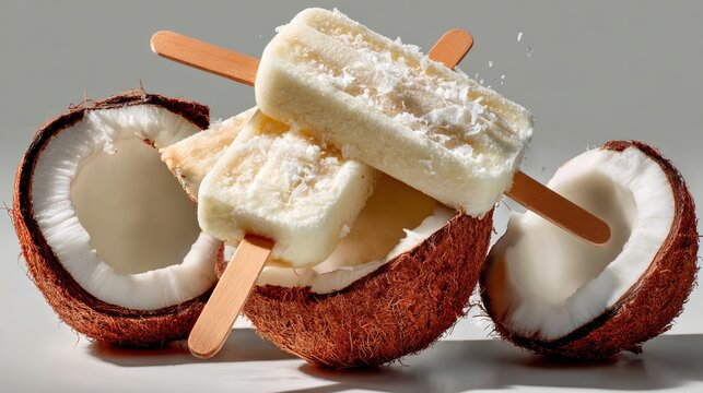 Close up of a coconut with a stick in it and a piece of fruit on top. The coconut is cut open and the fruit is a banana. Concept of tropical paradise and relaxation