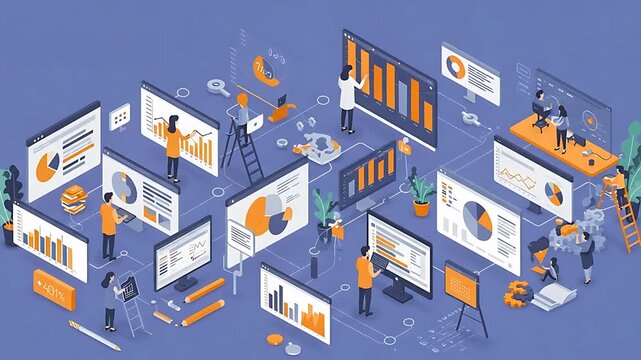 Isometric Illustration: Data Analytics and Business Intelligence Dashboard Visualizations
