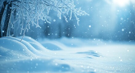 Deep blue morning light illuminates softly falling snow in a frosty forest setting