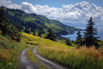 Obraz premium Kodiak Island Road: Beautiful Coastal View with Forest, Grass, and Blue Ocean Background
