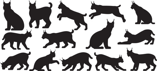 silhouettes set of wild cat in various poses like walking, running, jumping, and sitting. vector illustrator