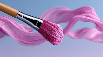 Pink brush is shown in the air, with the brush's bristles visible. The brush is pink and he is a makeup brush. The brush is in the air, and the image has a light, airy feel to it