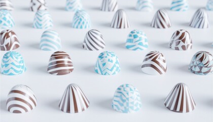 Assorted Pyramid-Shaped Chocolate Candies with White, Brown, and Blue Striped Pattern on White Background.