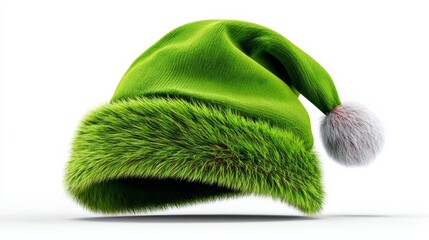Green Santa hat with a fuzzy green trim and a white pom pom. The hat is made to look like a green Christmas tree