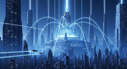 Futuristic cityscape with glowing beams and advanced architecture, illustrating a connected and technologically advanced urban environment in a science fiction setting