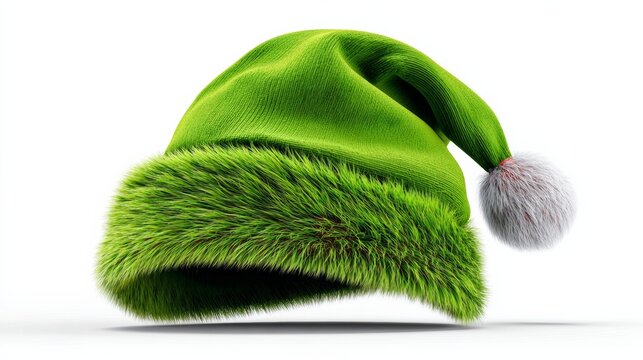 Green Santa hat with a fuzzy green trim and a white pom pom. The hat is made to look like a green Christmas tree