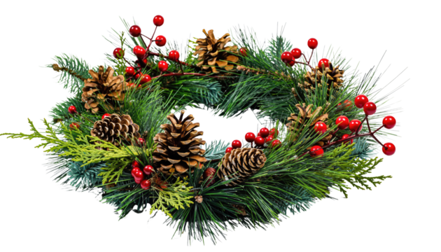 A christmas wreath with pine cones and red berries on a black background for holiday decorations