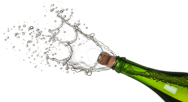 Champagne bottle opening with a splash of liquid, isolated on transparent background the clear liquid creates a dynamic burst as the cork is released, capturing the celebratory essence of the beverage