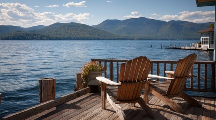 Naklejka premium Lake George NY: Adirondack Chairs on Deck with Scenic View of Lake. Wooden Furniture for Leisure in New York City