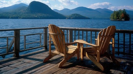 Lake George NY. Adirondack Chairs on Wooden Deck Overlooking Lake. Color Photography