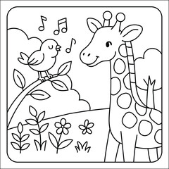 Cute Giraffe Standing in Nature – Cartoon Animal Coloring Page for Kids