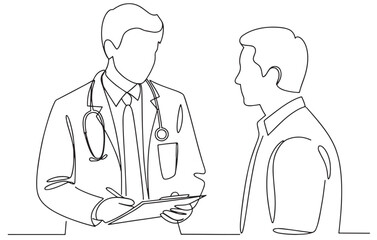 continuous line drawing hospital doctor consulting male patient. vector illustration