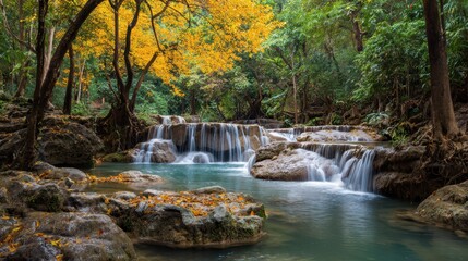 Landscape Waterfall at Huay Mae Kamin in Colorful Autumn Forest, Kanchanaburi, Thailand