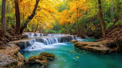 Obraz premium Landscape Waterfall. Beautiful Nature Scene of Huay Mae Kamin Waterfall in Autumn Forest