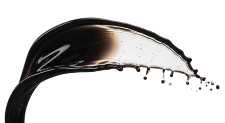 A dynamic black liquid splash, isolated on transparent background, creates a captivating contrast, embodying the power and intensity of dark fluids in motion, showcasing a sleek and modern aesthetic