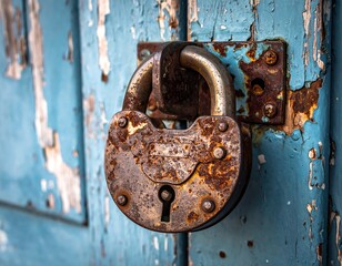 Old rusty padlock secured on weathered blue wooden door