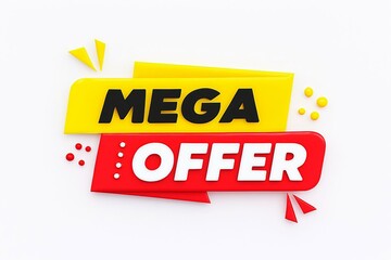 Bright yellow and red mega offer sign with confetti and sparkles announcing a special sale event