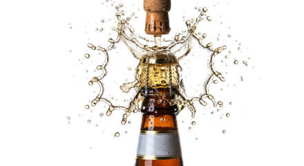 Closeup of a beer bottle being opened, with a splash of liquid frozen in midair, isolated on transparent background the cork is flying out, and the liquid is spraying in all directions