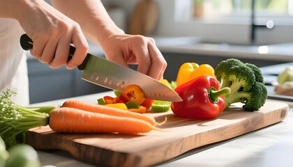Healthy cooking at home hands chopping fresh vegetables on wooden board in kitchen.