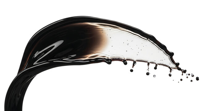 A dynamic black liquid splash, isolated on transparent background, creates a captivating contrast, embodying the power and intensity of dark fluids in motion, showcasing a sleek and modern aesthetic