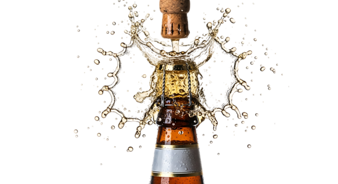 Closeup of a beer bottle being opened, with a splash of liquid frozen in midair, isolated on transparent background the cork is flying out, and the liquid is spraying in all directions