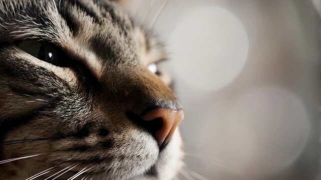 Close up of a tabby cats face with soft bokeh background.