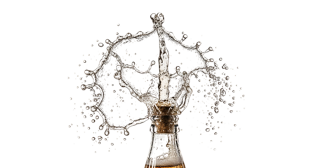 A captivating shot of a wine bottle being opened, resulting in a dynamic splash of liquid frozen in time, isolated on transparent background the cork is midair, surrounded by a burst of droplets