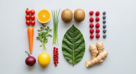 Flat lay of fresh fruits and vegetables on table