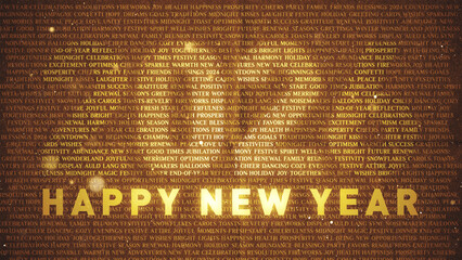 Happy New Year Holidays Gold Background/
Illustration of a golden colored happy new year background reveal with typography graphic effects and depth of field blur over shining particles