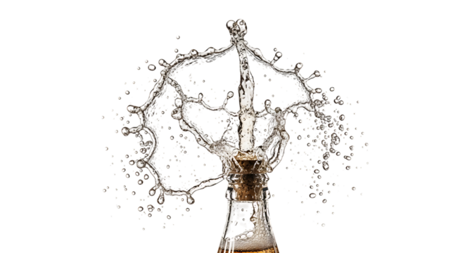 A captivating shot of a wine bottle being opened, resulting in a dynamic splash of liquid frozen in time, isolated on transparent background the cork is midair, surrounded by a burst of droplets