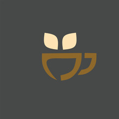 Minimalist coffee cup logo with stylized leaf shapes representing organic or eco-friendly coffee, designed in warm brown and cream tones on a dark background. Ideal for cafés, coffee brands