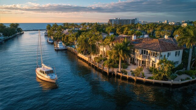 Lighthouse Point Aerial: Luxury Sunset Panorama in Fort Lauderdale, Florida, USA