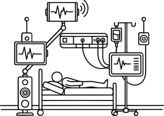 Line art of intensive care unit setup with patient isolated on transparent background, showcasing modern medical technology and patient monitoring