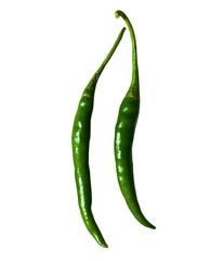 Fresh Green Chili Pepper PNG - Two Hot Green Chilies Isolated Spicy Vegetable Ingredient A high-resolution PNG graphic or photograph of two fresh, vibrant green chili peppers