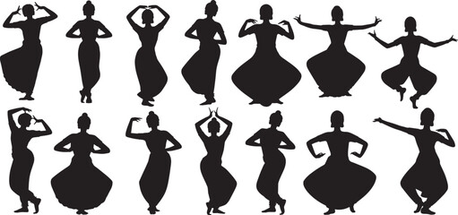 Silhouettes of Indian Women Bharatanatyam, Kathak, Odissi, and Kuchipudi Dancers in traditional poses Collection. Vector illustration