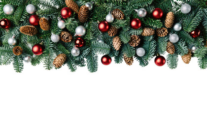 Christmas garland with red and silver ornaments and pine cones on evergreen branches overhead view