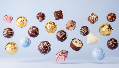 Assorted Falling Chocolates and Candies with Gold, Pink, Blue, and Brown Coatings on Light Background