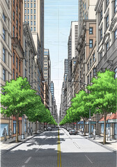 Perspective Drawing of a City Street with Green Trees