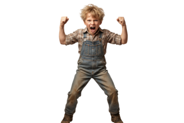 Angry Country White Kid Boy Shouting with Fists Raised, isolated on transparent background.png