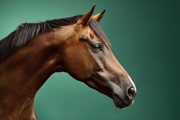 Obraz premium A powerful and majestic equine animal is captured in a striking profile portrait against a rich, deep teal background. The horse features a gleaming bay-brown coat, a sleek dark mane, and a prominent 