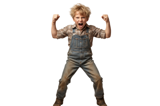 Angry Country White Kid Boy Shouting with Fists Raised, isolated on transparent background.png