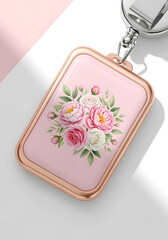 Pink Floral Badge Pin Mockup with Rose Gold Edge